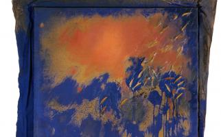1981. Blau i fulles. Collage i oli sobre tela 140 x 110 cm. Col·lecció particular (Privat)