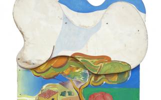1966. Paisatge. Mixta i collage sobre fusta 56  x 40cm.  Col·lecció J. Mateos (Privat)